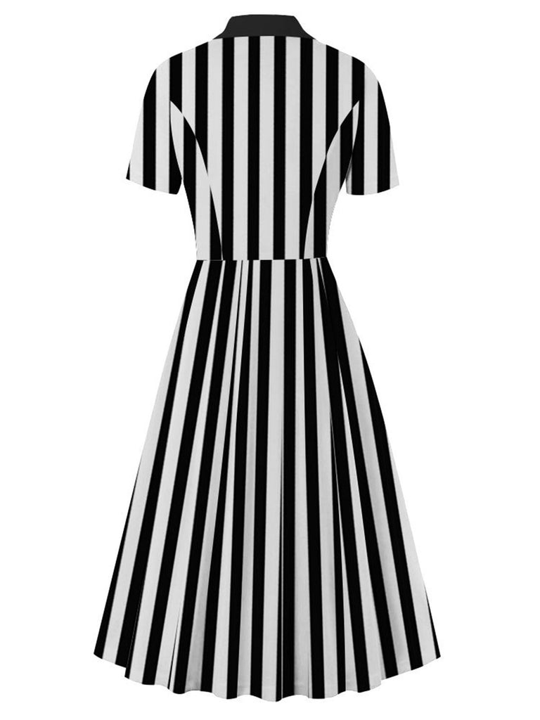 1940s Lapel Double Breasted Black & White Stripes Dress