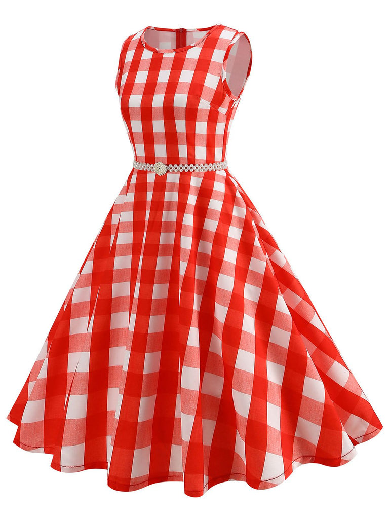 Red 1950s Plaid Sleeveless Swing Dress With Belt