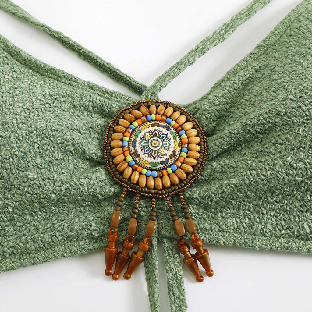 Green 1970s Halter Boho Beaded Bikini Set