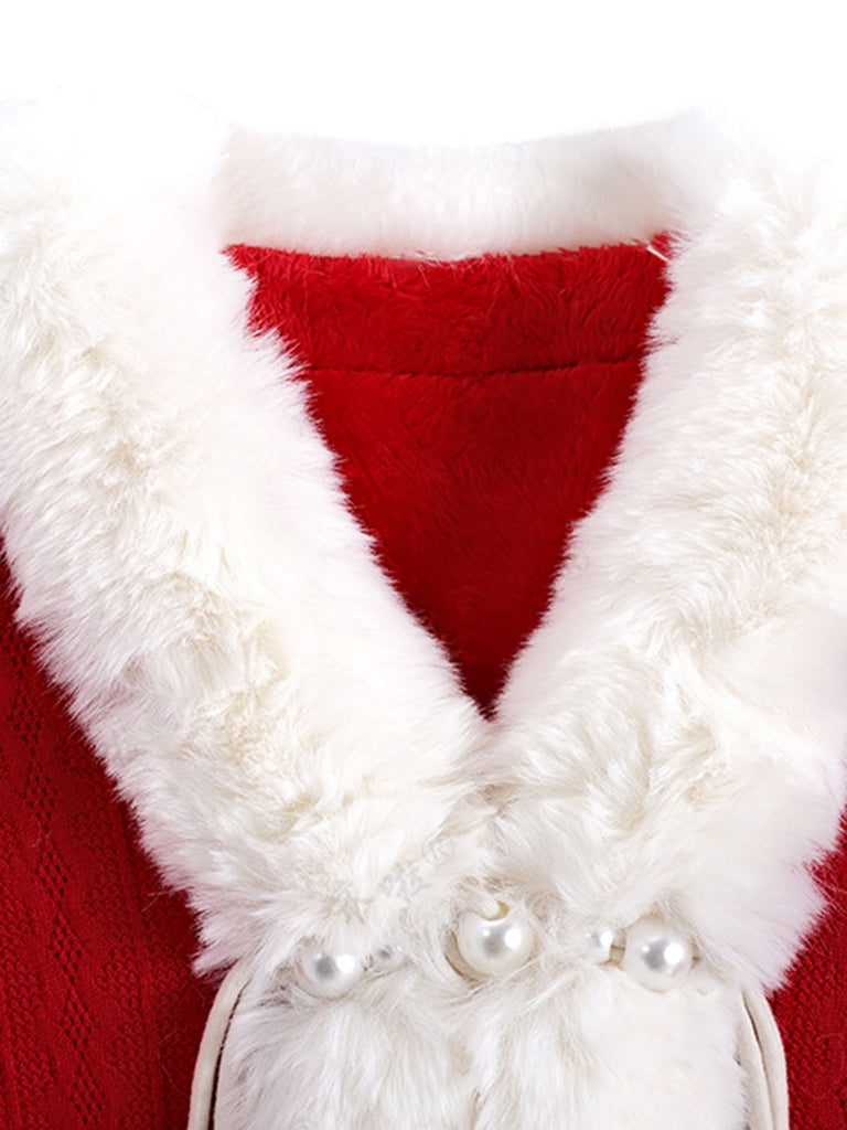 1950s Christmas Knitted Pearl Fur Trim Shawl