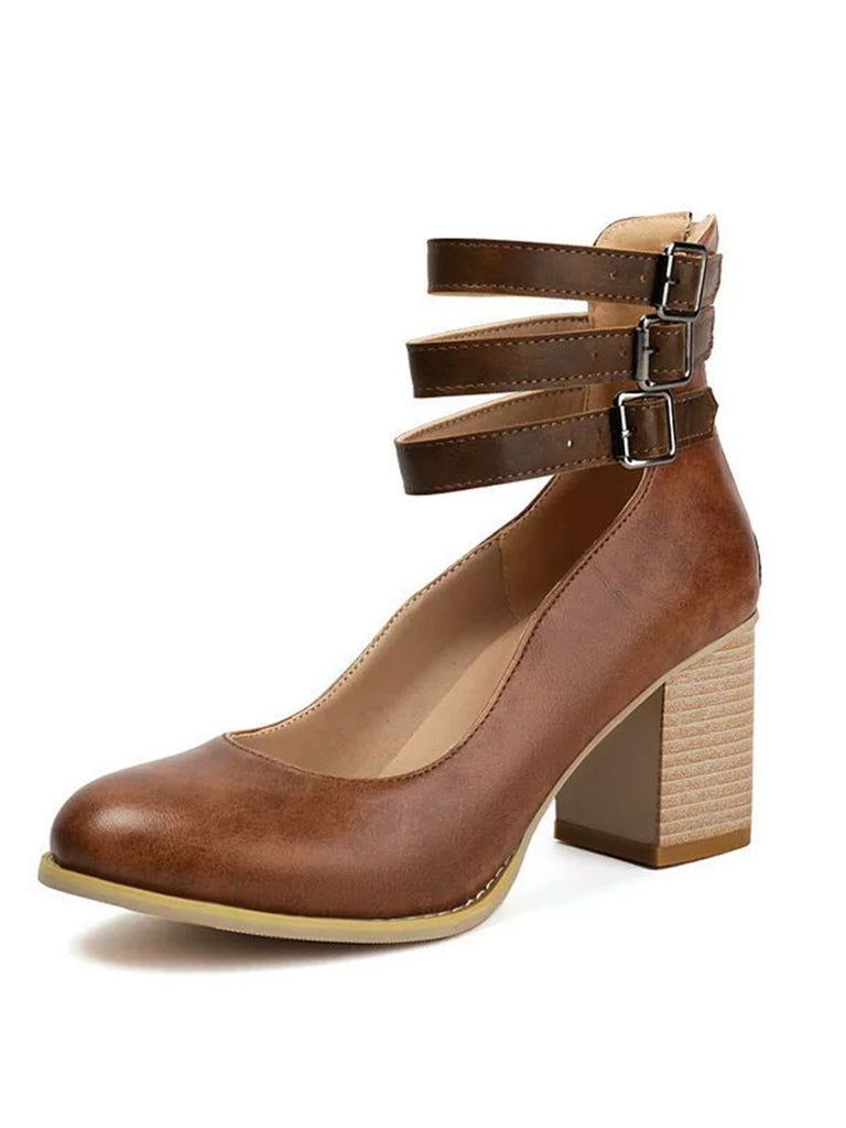 Round Toe Thick-Soled Wood-Grain Chunky Heel Shoes