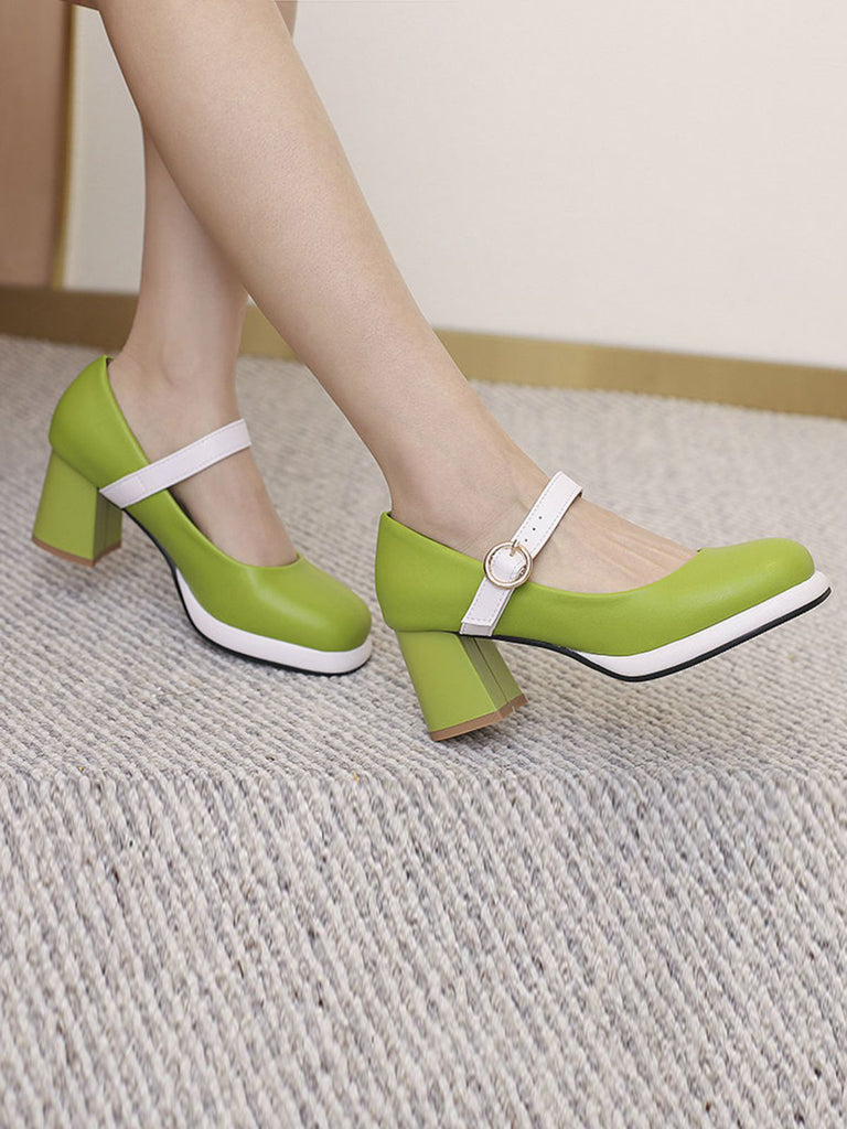 Vintage PU Round Toe Mary Janes Chunky Heels