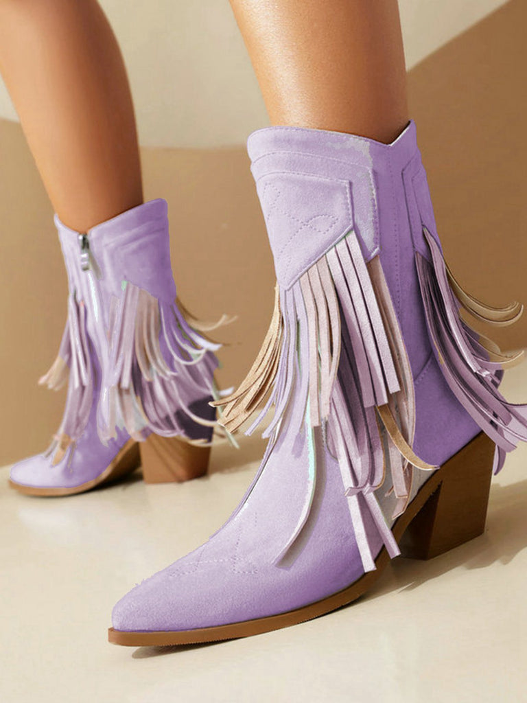 Vintage Tassel Mid Heel Flannelette Boots