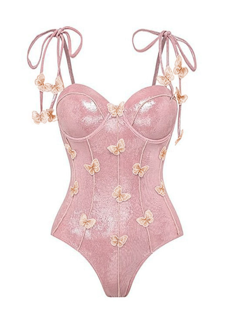 Pink 1950s Shimmery 3D Butterflies One-Piece Swimsuit