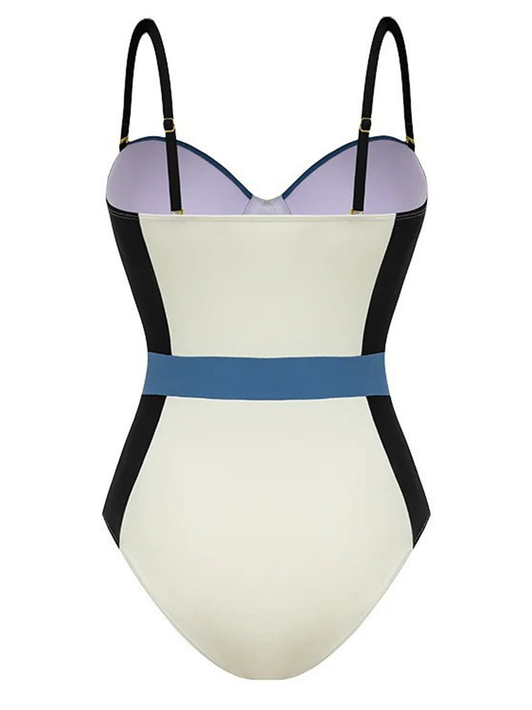 1940s Spaghetti Strap Color Block One-Piece Swimsuit