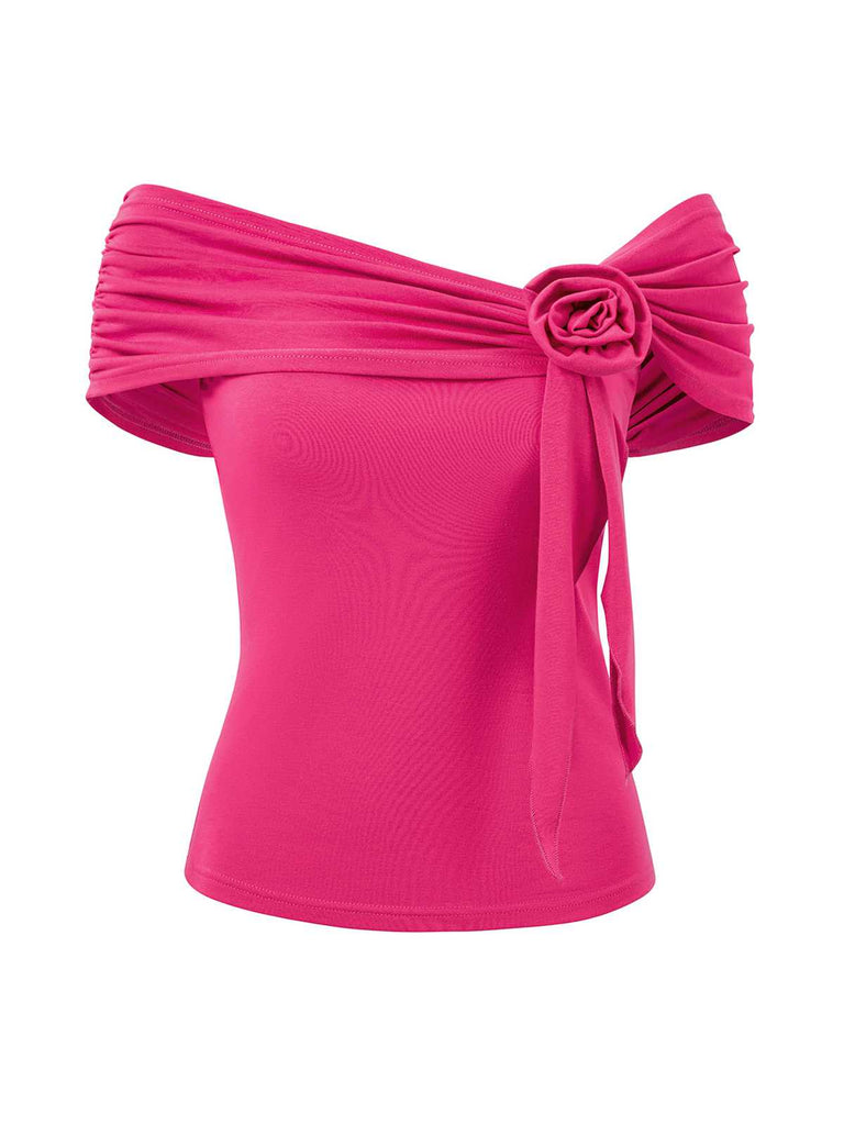 1960s Off-Shoulder 3D Rose Solid Top