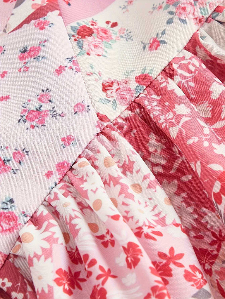 Pink 1980s Spaghetti Strap Ditsy Floral Tiered Dress