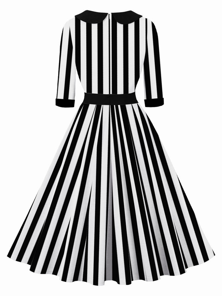 1950S Lapel Black & White Stripes Dress