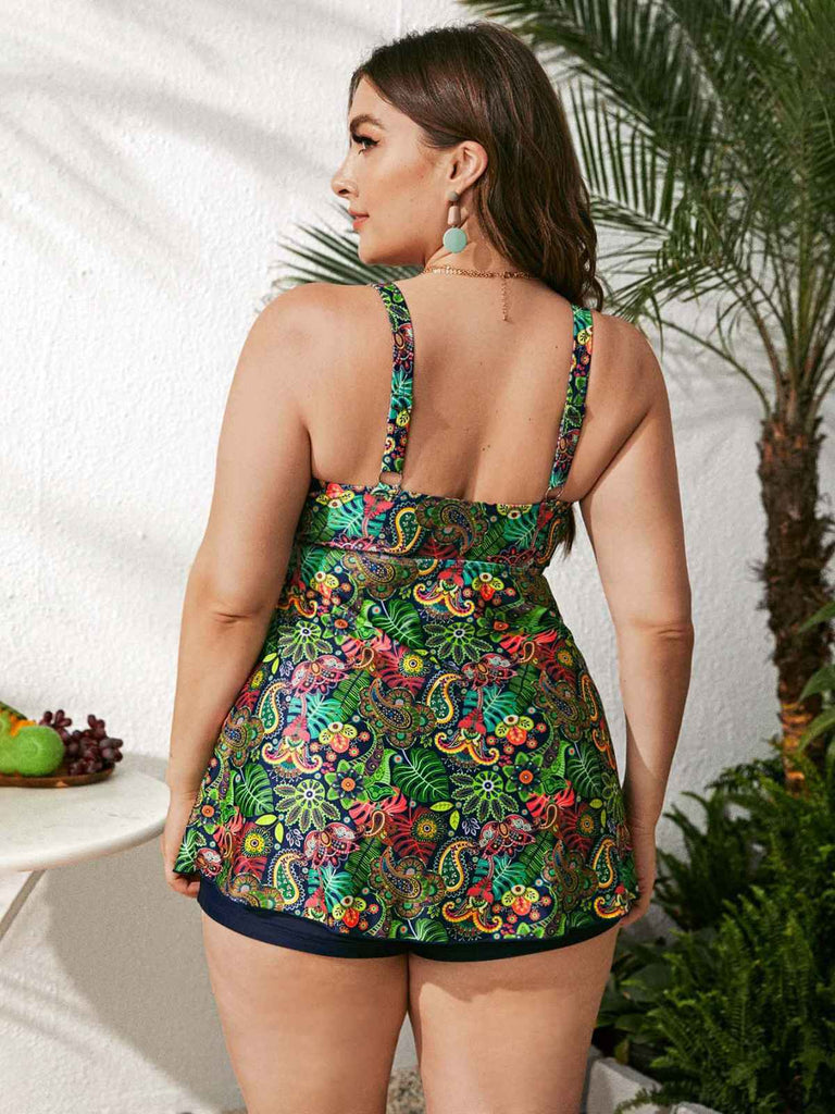 [Plus Size] Green 1960s Hippie Prints Bow Tankini