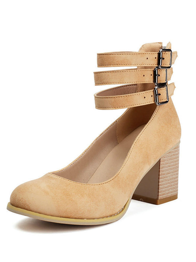 Round Toe Thick-Soled Wood-Grain Chunky Heel Shoes
