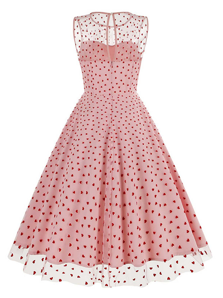 Pink 1950s Flocked Heart Mesh Patchwork Dress