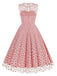 Pink 1950s Flocked Heart Mesh Patchwork Dress