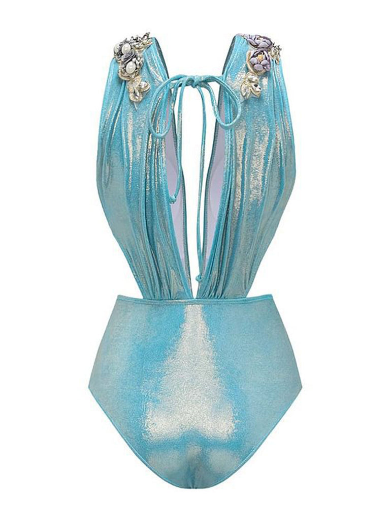 Blue 1930s Beading Shimmery One-Piece Swimsuit