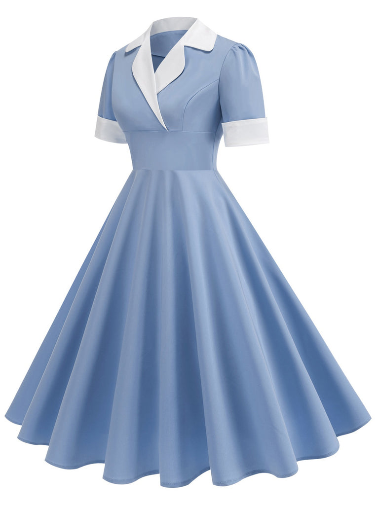 1950s Notched Collar Colorblock Swing Dress