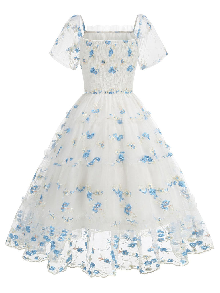 1950s Embroidered Flowers Mesh Puff Sleeve Dress