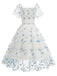 1950s Embroidered Flowers Mesh Puff Sleeve Dress