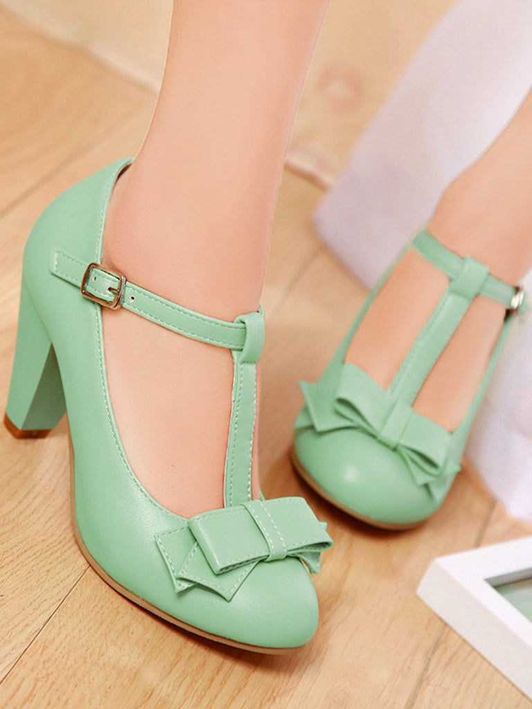 Solid Leather Bowknot T-Strap Chunky Heels