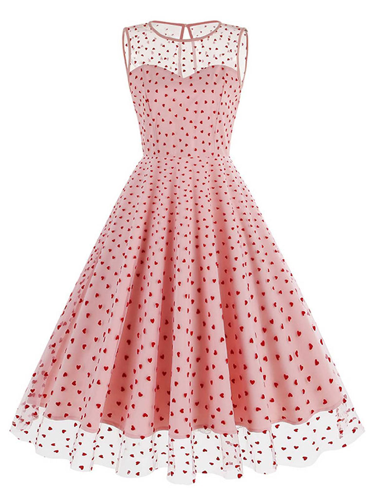 Pink 1950s Flocked Heart Mesh Patchwork Dress