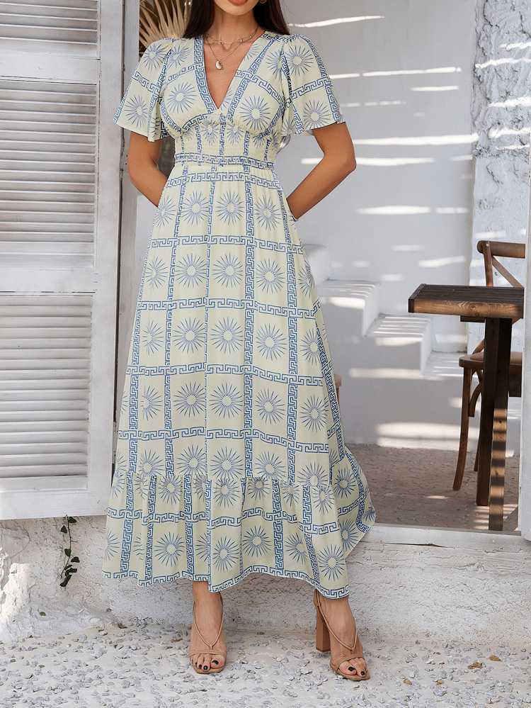 1970s V-Neck Boho Smocked-Waist Floral Dress