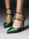 Dark Green Satin Double Buckle Belts High Heel Shoes
