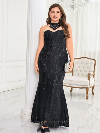 [Plus Size] Black 1930s Lace Patchwork Fishtail Evening Dress