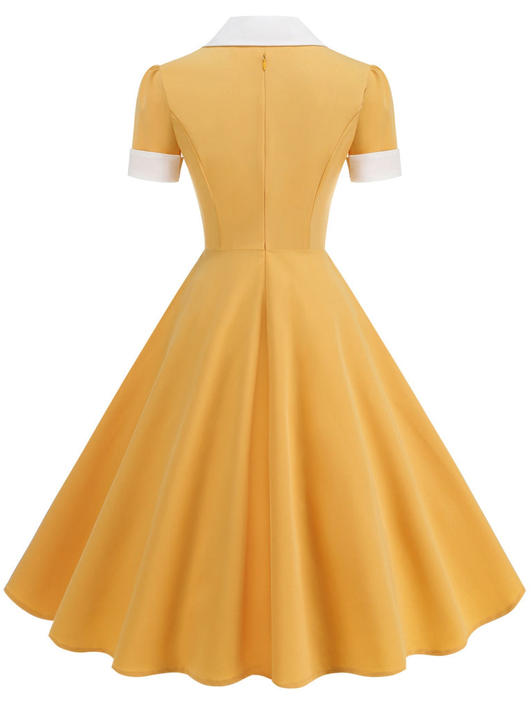 1950s Notched Collar Colorblock Swing Dress