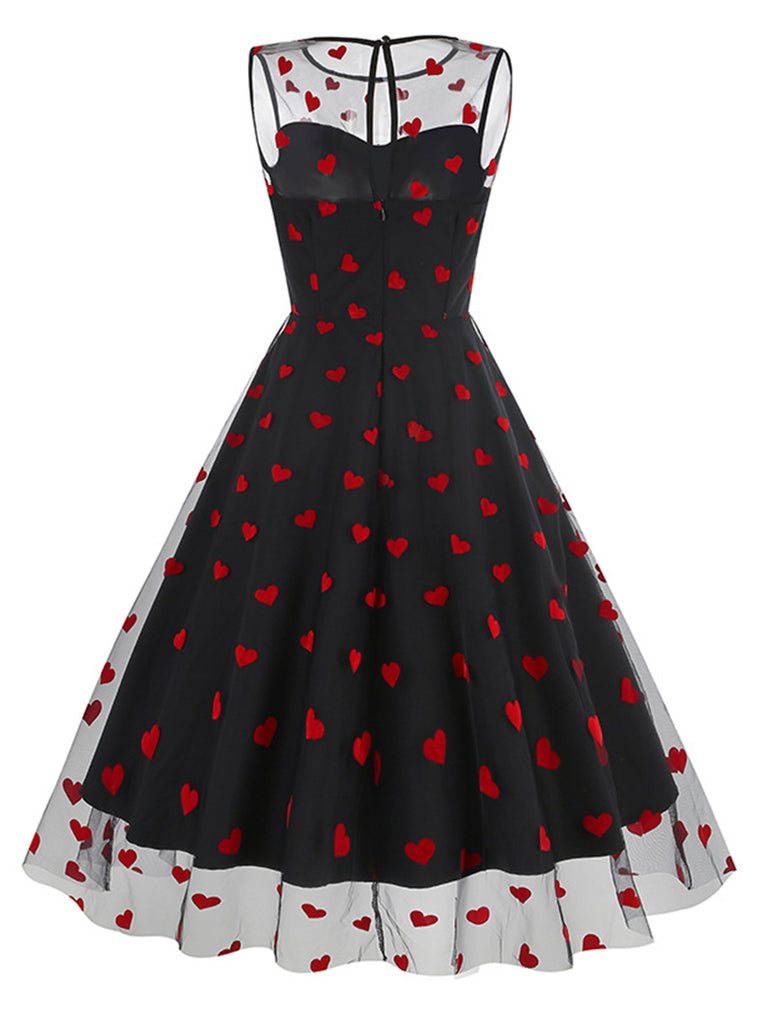 Black 1950s Flocked Heart Mesh Patchwork Dress