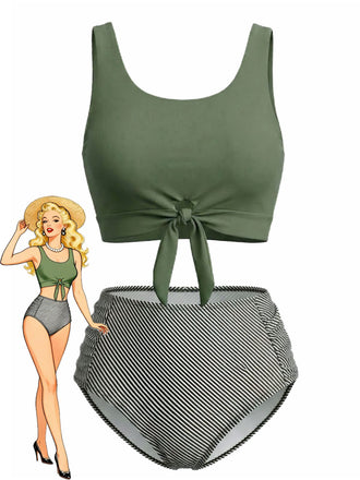 Olive Green 1940s Tie Front High-Waist Tankini Set - vintage fashion, retro style