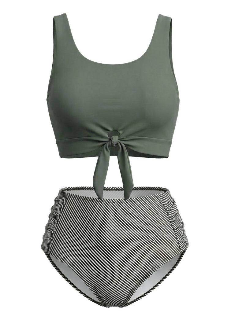 Olive Green 1940s Tie Front High-Waist Tankini Set, vintage tie, classic accessory - perfect for women who love vintage and retro fashion