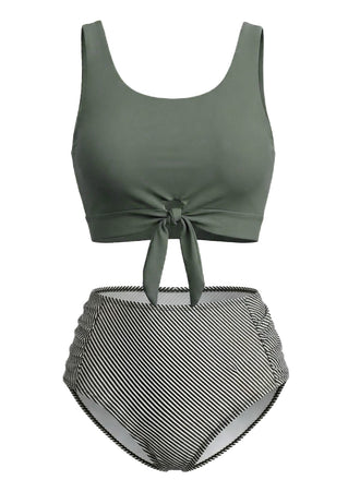 Olive Green 1940s Tie Front High-Waist Tankini Set, vintage tie, classic accessory - perfect for women who love vintage and retro fashion