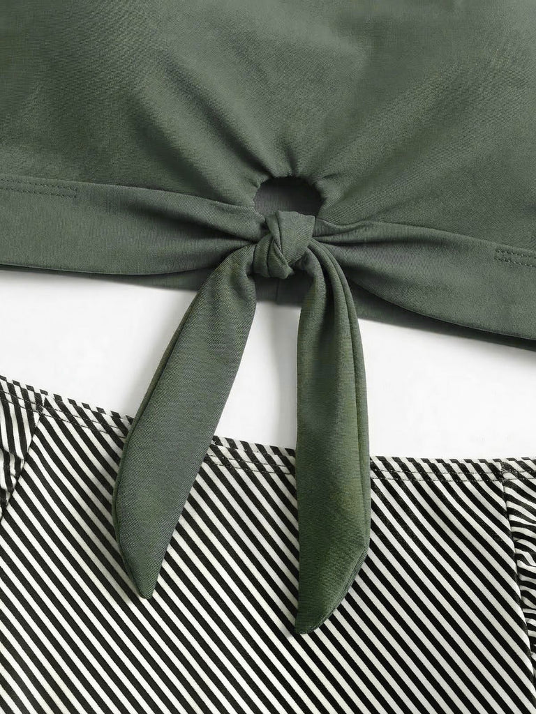 Olive Green 1940s Tie Front High-Waist Tankini Set, vintage tie, classic accessory - perfect for women who love vintage and retro fashion
