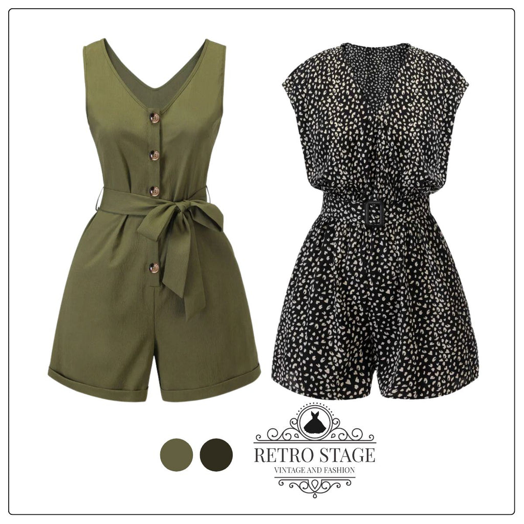 She finds her 1950s story in this Olive Green 1950s V-Neck Button Waist Tie Romper