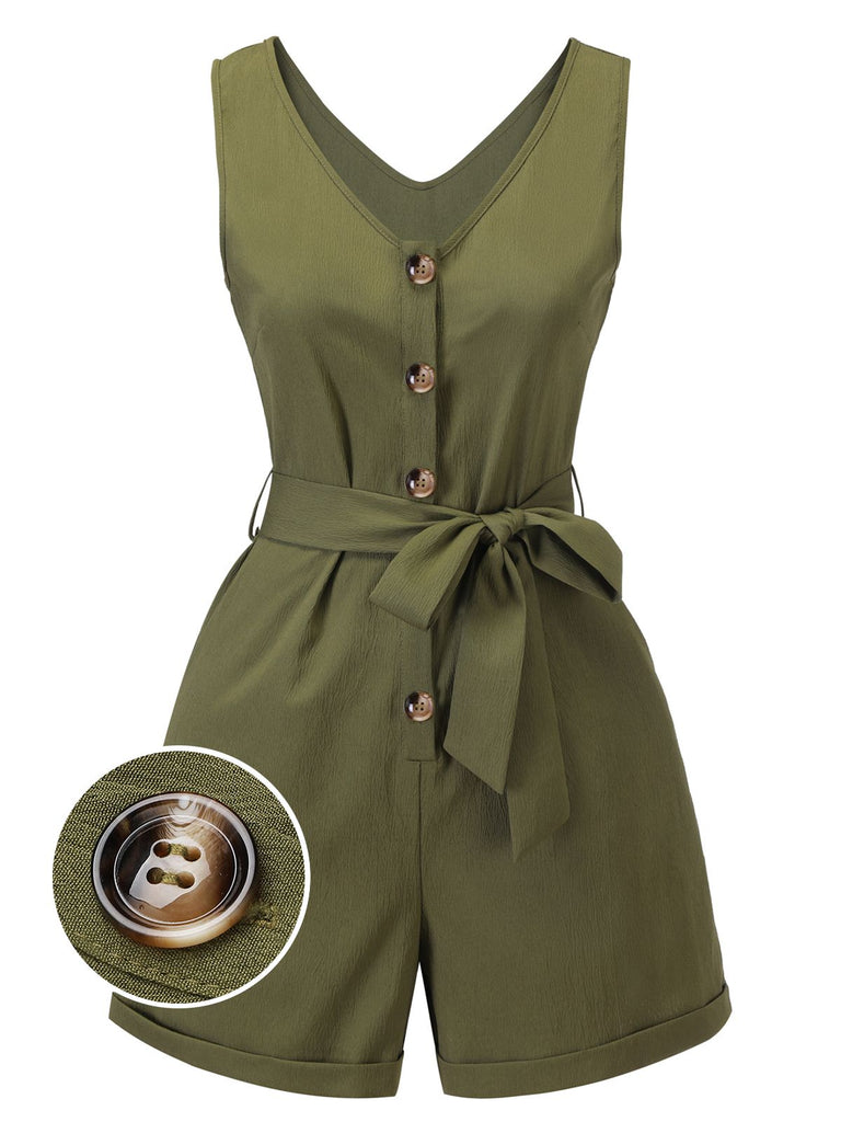 Olive Green 1950s V-Neck Button Waist Tie Romper: timeless 1950s elegance she makes her own