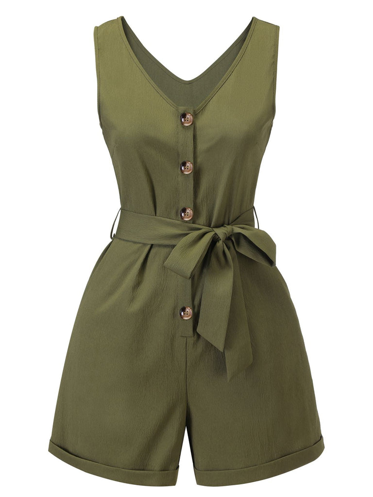 This Olive Green 1950s V-Neck Button Waist Tie Romper whispers 1950s secrets to those who notice