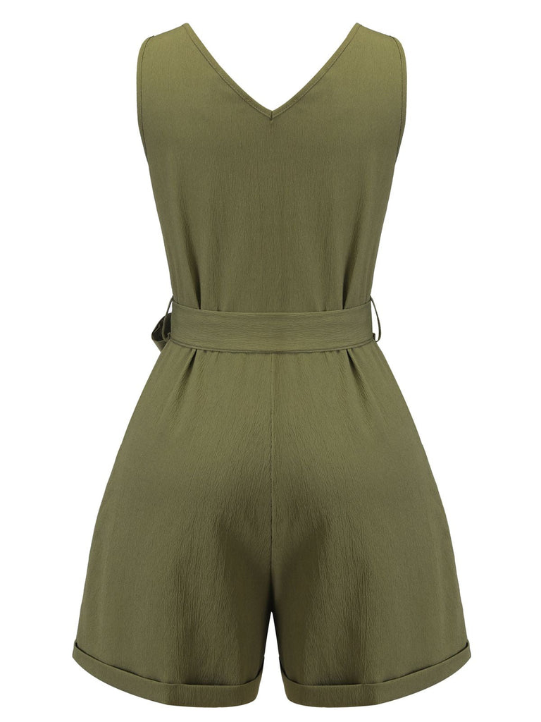Olive Green 1950s V-Neck Button Waist Tie Romper — 1950s style that transcends decades