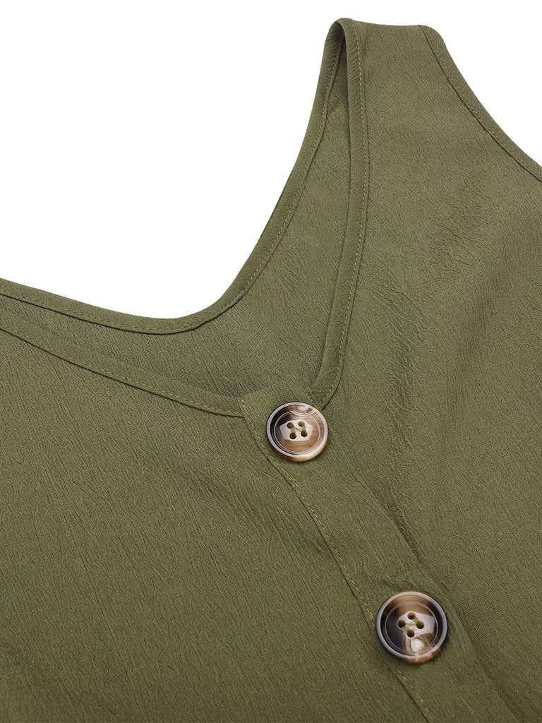 She finds her 1950s story in this Olive Green 1950s V-Neck Button Waist Tie Romper