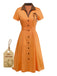Orange 1940s Cotton Polka Dot Lapel Bow Dress - vintage dress, retro fashion