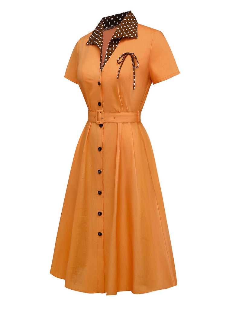 Orange 1940s Cotton Polka Dot Lapel Bow Dress, vintage dress, retro fashion - perfect for women who love vintage and retro fashion