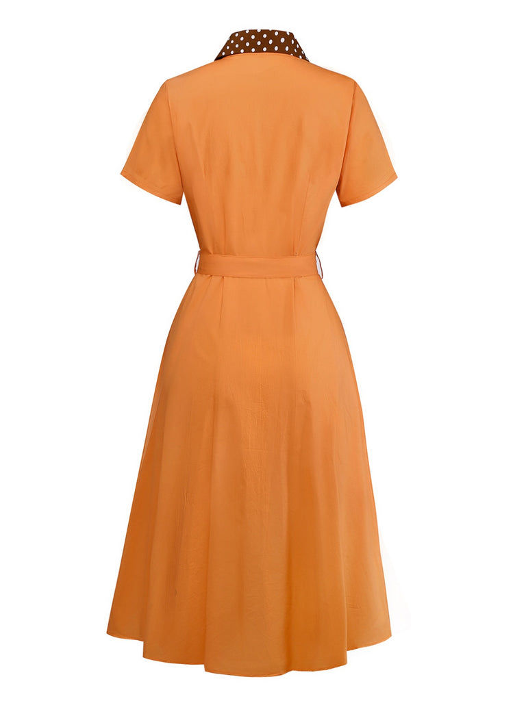 Orange 1940s Cotton Polka Dot Lapel Bow Dress, vintage dress, retro fashion - perfect for women who love vintage and retro fashion
