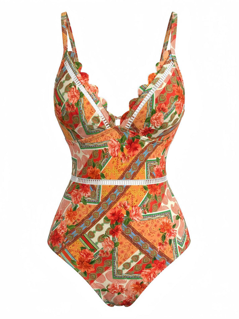 Orange-1940s-Floral-Hollow-Patchwork-Swimsuit, vintage, retro, swimwear