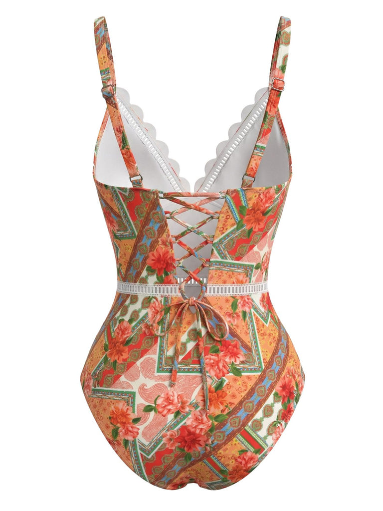 Orange-1940s-Floral-Hollow-Patchwork-Swimsuit, vintage, retro, swimwear