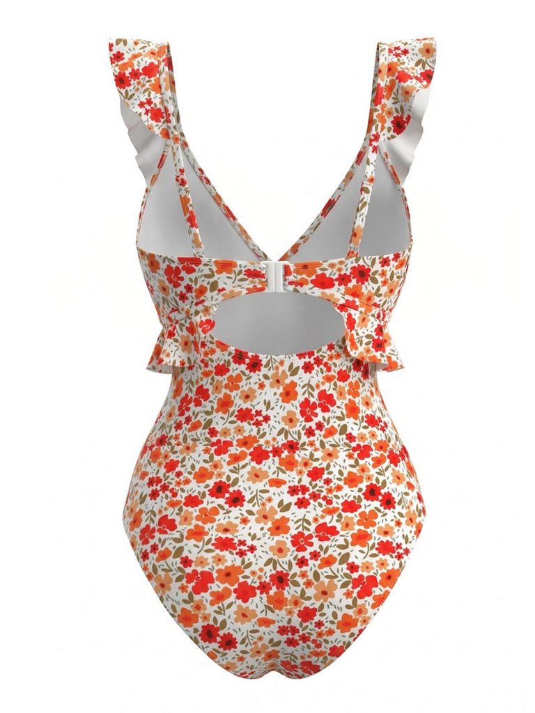 Orange-1940s-Floral-Ruffled-Cutout-One-Piece-Swimsuit, vintage, retro, swimwear