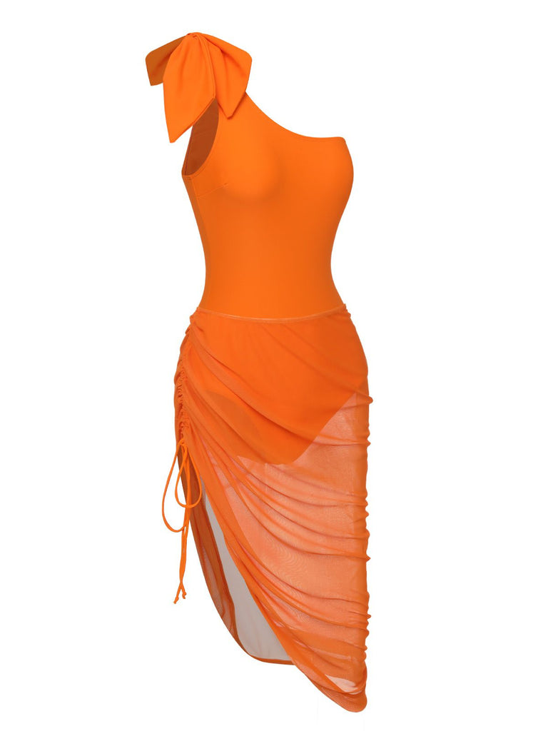 Orange 1940s Solid Swimsuit & High Low Cover-Up, vintage swimsuit, pin-up swimwear - perfect for women who love vintage and retro fashion