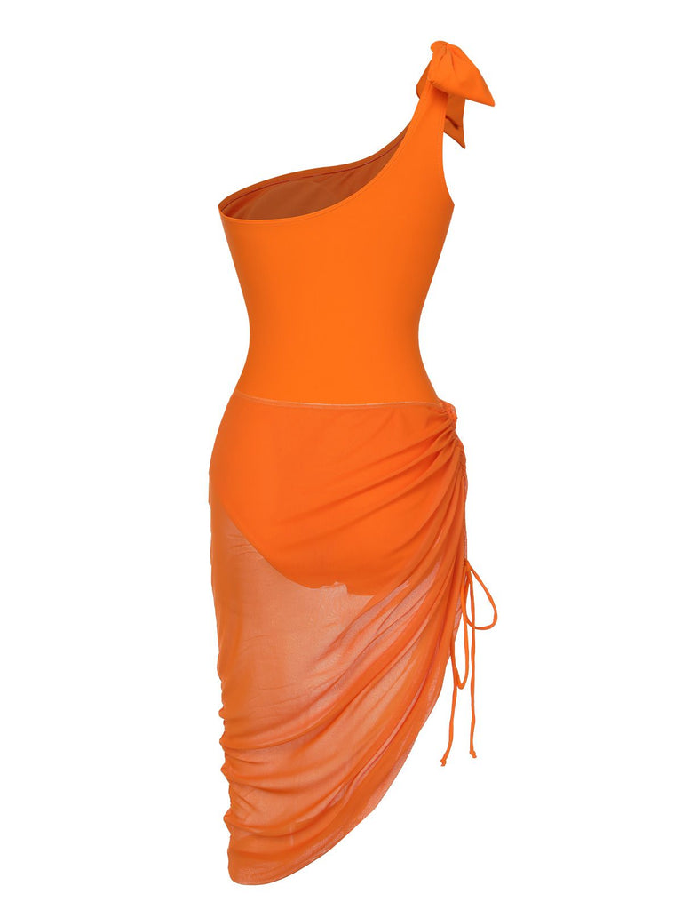 Orange 1940s Solid Swimsuit & High Low Cover-Up, vintage swimsuit, pin-up swimwear - perfect for women who love vintage and retro fashion
