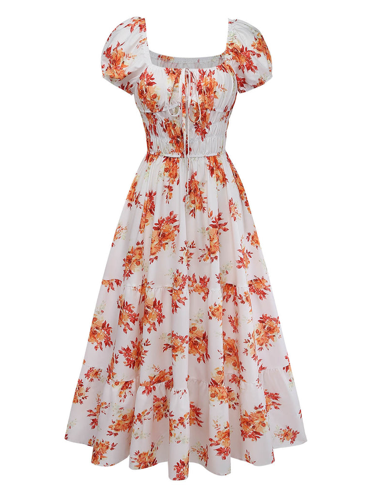 Orange 1940s Square Neck Midi Dress, vintage dress, retro fashion - perfect for women who love vintage and retro fashion