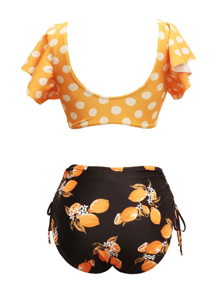 Orange 1950s Polka Dots Lemon Ruffled Bikini Set - vintage fashion, retro style