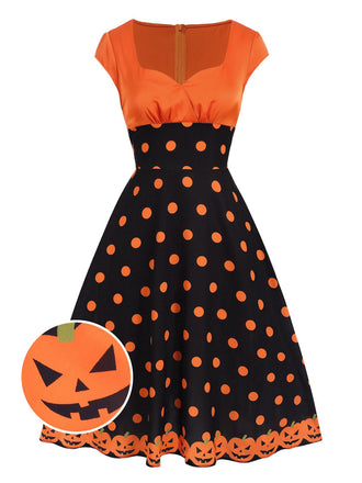 She slips into this Orange 1950s Pumpkin Face Sweetheart Neck Dress and suddenly it's a 1950s daydream