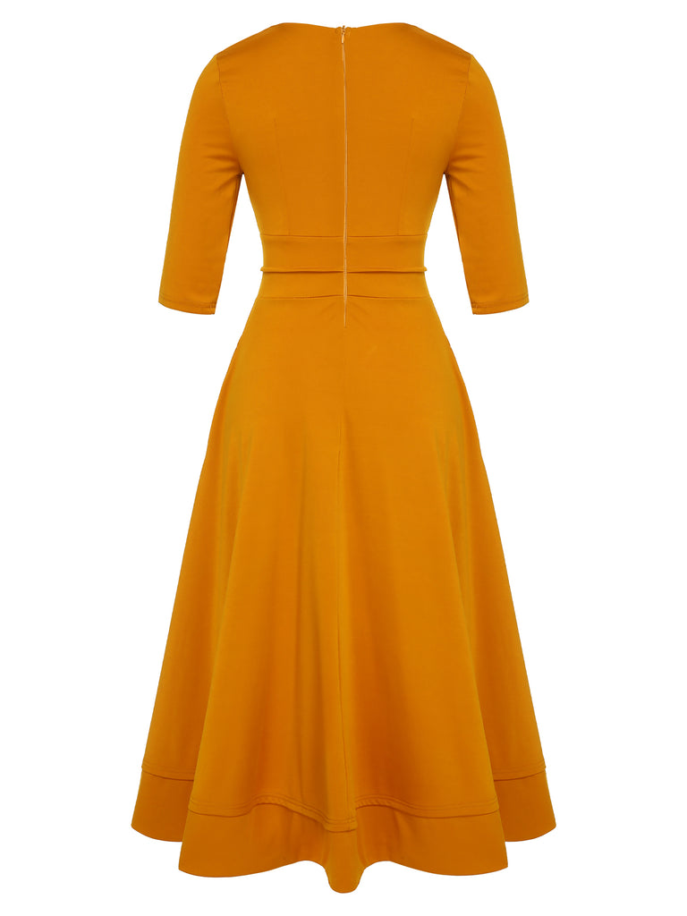 Orange 1950s Waisted Mid-sleeve V-Neck Dress, vintage dress, retro fashion, rockabilly, pin-up fashion - perfect for women who love vintage and retro fashion