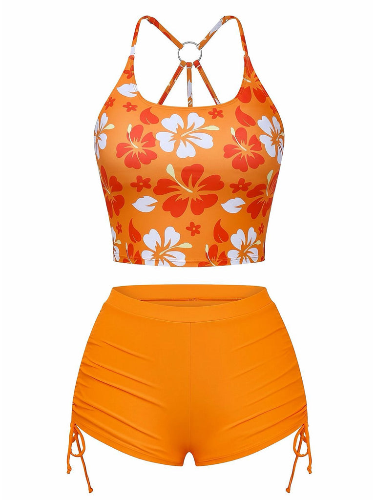 Orange 1960s Floral Backless Bikini Set: beautiful vintage swimwear, retro swimsuit, pin-up style with timeless appeal