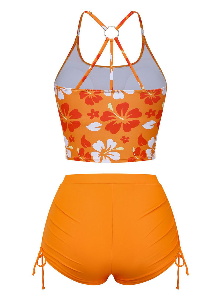 Orange 1960s Floral Backless Bikini Set | vintage swimwear, retro swimsuit, pin-up style - perfect for retro fashion enthusiasts